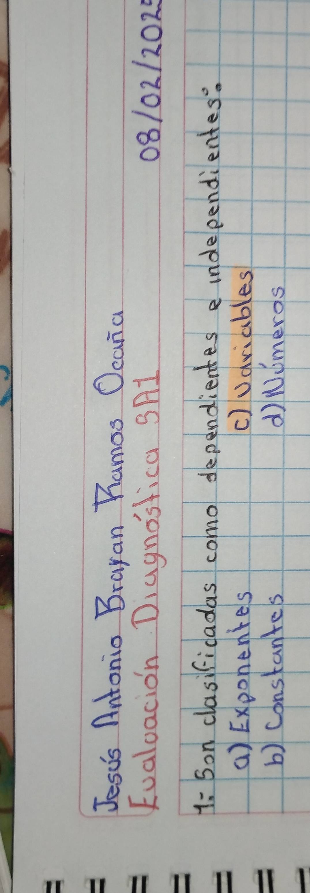 Jescs Antonio Brayan Rramos Ocana
Evaloacion Diagnostica SA1 0810212028
1: Son clasificadas como dependientes e independientes:
a) Exponenres c)ariables
b) constantes d Numeros