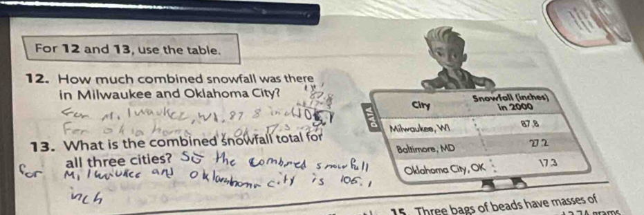 For 12 and 13, use the table. 
12. How much combined snowfall was there 
in Milwaukee and Oklahoma City? 
Ciry Snowfall (inches) 
in 2000
Milwaukee, WI 87.8
13. What is the combined snowfall total for 
all three cities? Baltimore, MD 272 
Oklahoma City, OK 17.3
15. Three bags of beads have masses of