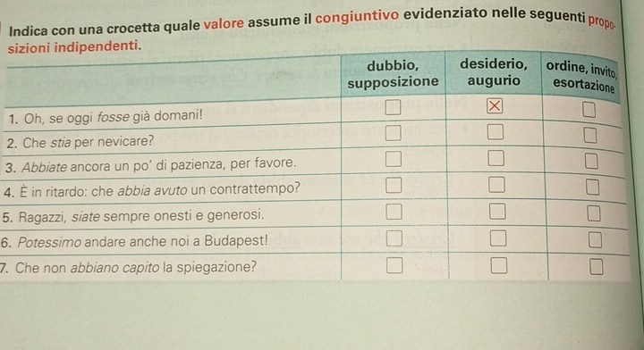 Indica con una crocetta quale valore assume il congiuntivo evidenziato nelle seguenti propo.
s
1
2
3
4.
5.
6.
7.