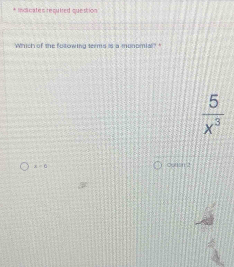 Indicates required question
Which of the following terms is a monomial?"
 5/x^3 
x-6 Option 2