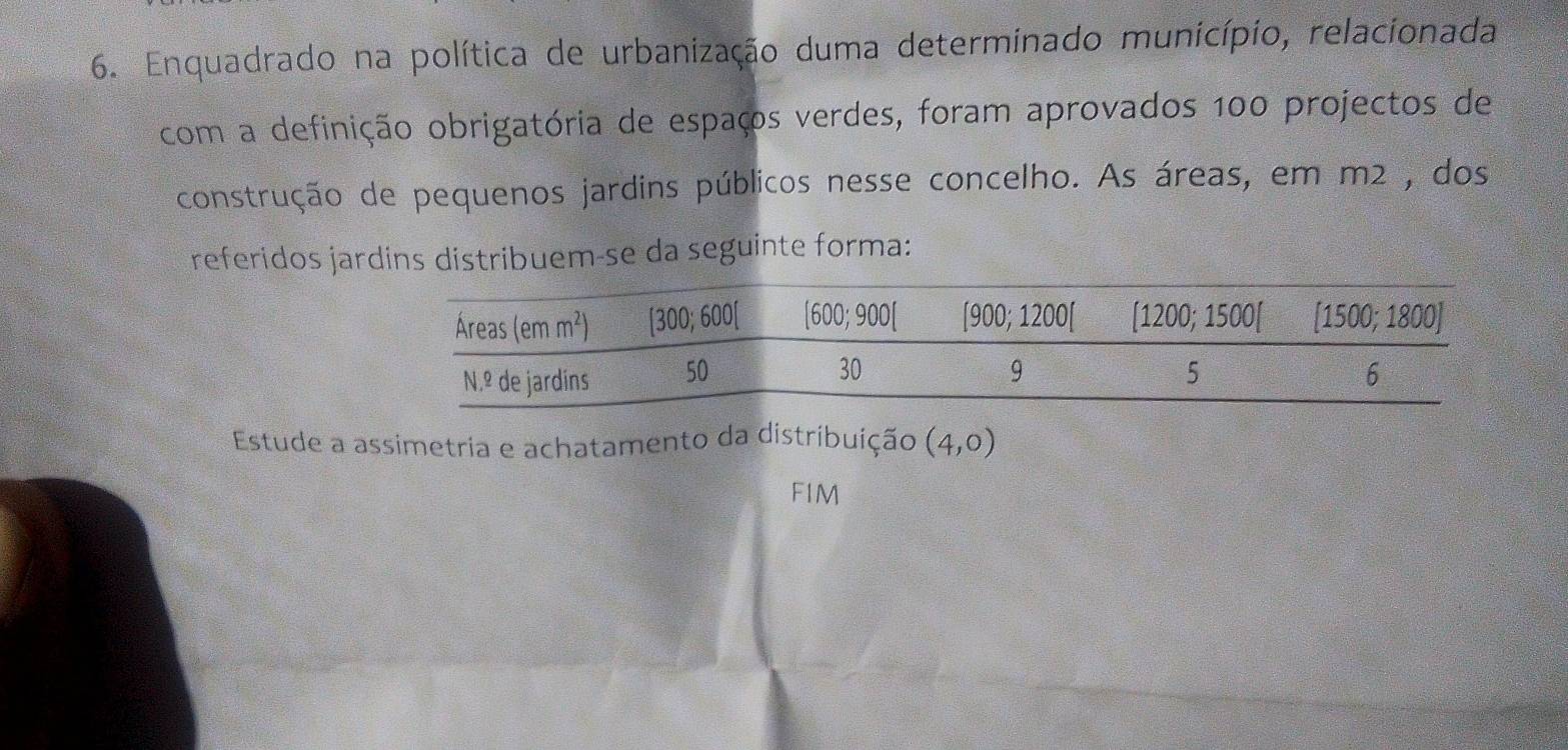 Enquadrado na política de urbanização duma determinado município, relacionada
com a definição obrigatória de espaços verdes, foram aprovados 100 projectos de
construção de pequenos jardins públicos nesse concelho. As áreas, em m² , dos
referidos jardins distribuem-se da seguinte forma:
Estude a assimetria e achatamento da distribuição (4,0)
FIM