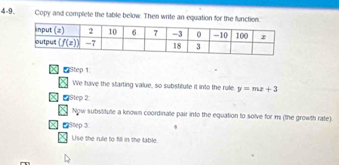 4-9. Copy and complete the table below. Then write an equation for the function.
Step 1
We have the starting value, so substitute it into the rule y=mx+3
Step 2:
Now substitute a known coordinate pair into the equation to solve for m (the growth rate).
a Step 3
Use the rule to fill in the table.