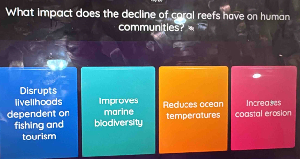 What impact does the decline of coral reefs have on human
communities?
Disrupts
livelihoods Improves Reduces ocean Increases
dependent on marine temperatures coastal erosion
fishing and biodiversity
tourism