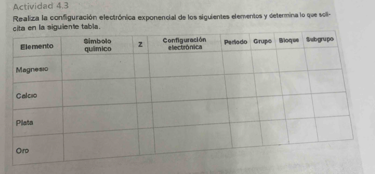 Actividad 4.3 
Realiza la configuración electrónica exponencial de los siguientes elementos y determina lo que soli- 
uiente tabla.