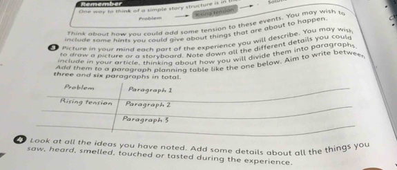 Rememb 
One way to think of a simple story structure is in 
Rising tension 
Problem 
Think about how you could add some tension to these events. You may wish to 
include some hints you could give about things that are about to happen 
picture in your mind each part of the experience you will describe. You may wish 
to drow a picture or a storyboard. Note down all the different details you could 
include in your article, thinking about how you will divide them into paragraphs 
Add them to a paraaraph plannina table like the one below. Aim to write betwee 
three and six paragraphs in total. 
the ideas you have noted. Add some details about all the things you 
saw, heard, smelled, touched or tasted during the experience.