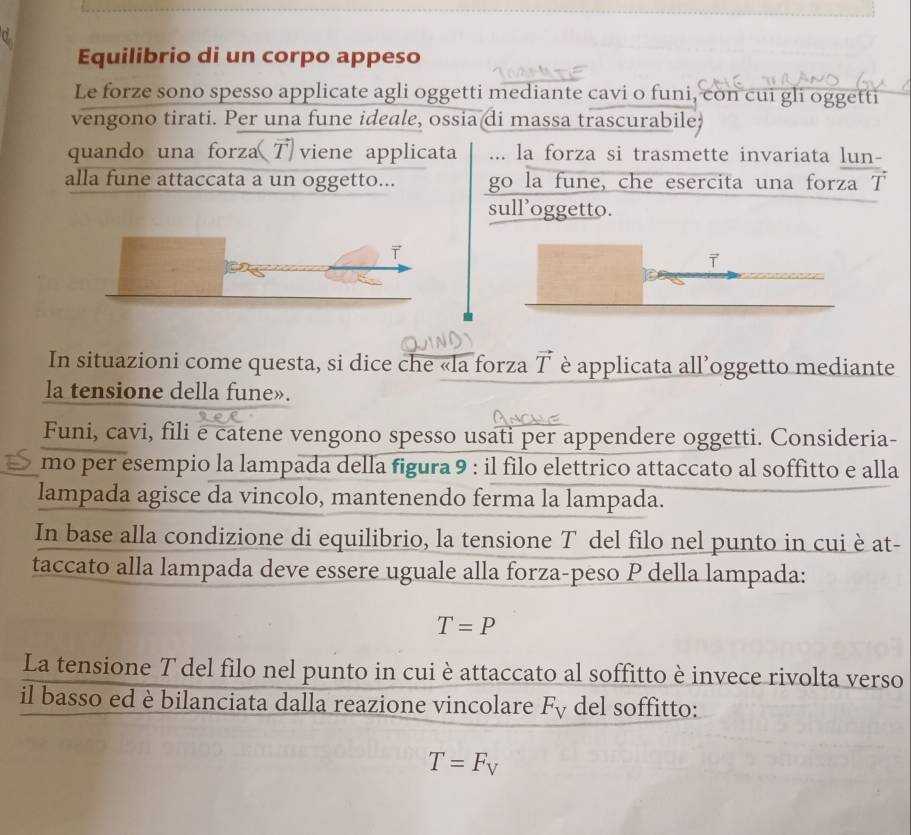 Equilibrio di un corpo appeso 
Le forze sono spesso applicate agli oggetti mediante cavi o funi, con cui gli oggetti 
vengono tirati. Per una fune ideale, ossia di massa trascurabile; 
quando una forza T viene applicata ... la forza si trasmette invariata lun- 
alla fune attaccata a un oggetto... go la fune, che esercita una forza T 
sull’oggetto. 
In situazioni come questa, si dice che «la forza vector T è applicata all’oggetto mediante 
la tensione della fune». 
Funi, cavi, fili e catene vengono spesso usati per appendere oggetti. Consideria- 
mo per esempio la lampada della figura 9 : il filo elettrico attaccato al soffitto e alla 
lampada agisce da vincolo, mantenendo ferma la lampada. 
In base alla condizione di equilibrio, la tensione T del filo nel punto in cui è at- 
taccato alla lampada deve essere uguale alla forza-peso P della lampada:
T=P
La tensione T del filo nel punto in cui è attaccato al soffitto è invece rivolta verso 
il basso ed è bilanciata dalla reazione vincolare F_V del soffitto:
T=F_V