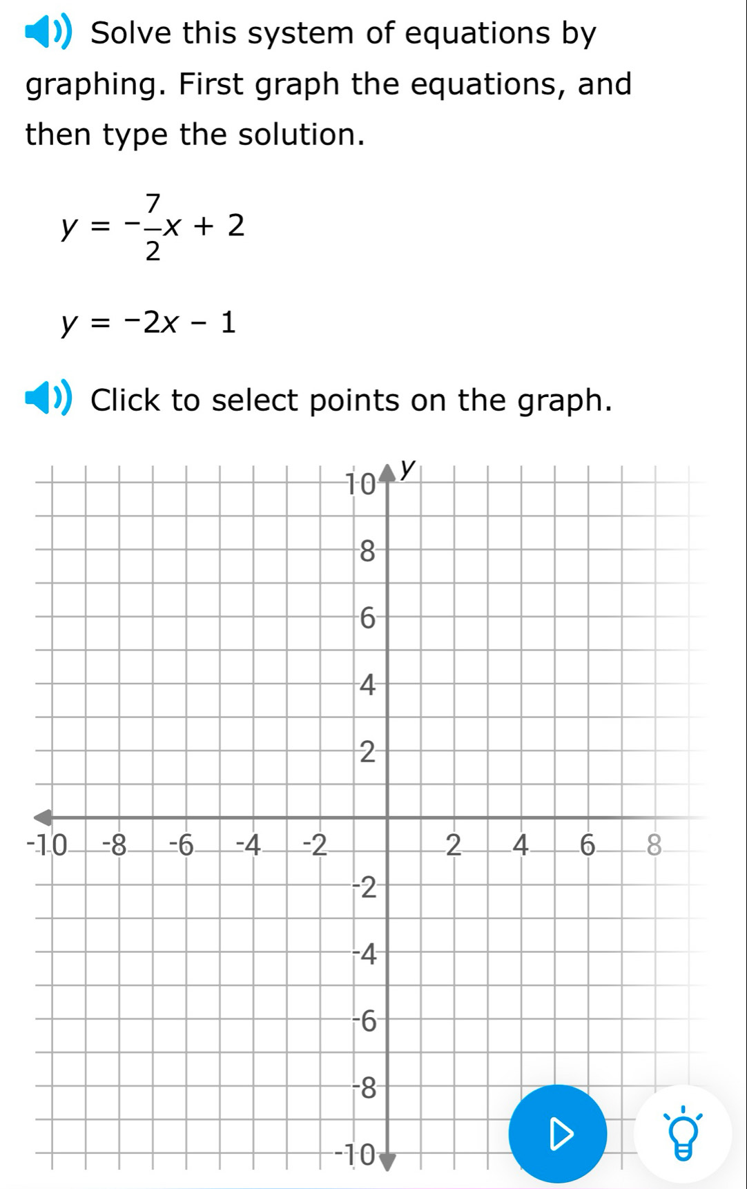 Solve this system of equations by
graphing. First graph the equations, and
then type the solution.
y=- 7/2 x+2
y=-2x-1
Click to select points on the graph.
-
-10