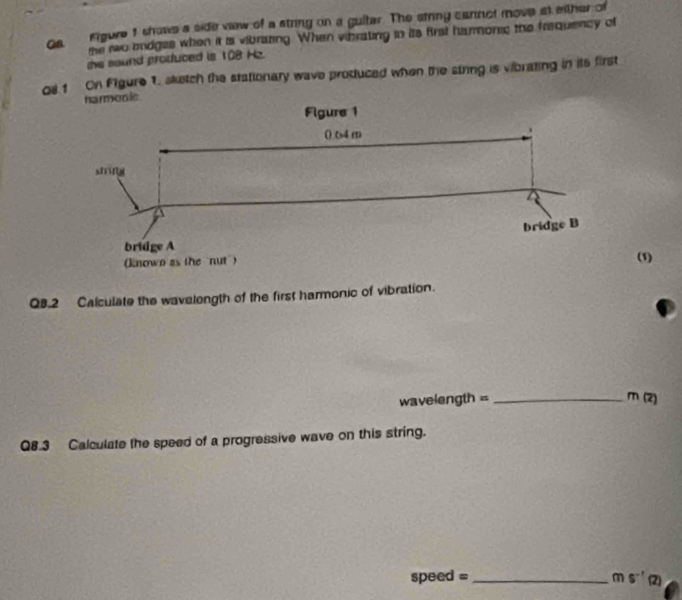 rgure 1 shows a side vew of a string on a guiter. The string cannot move at either of 
QB. the two bidges when it is vibrazing. When vibrating to its first harmonc the frequency of 
the sound produced is 108 Hz. 
08.1 On Figure 1. sketch the stationary wave produced when the string is vibrating in its first 
(1) 
Q3.2 Calculate the wavelength of the first harmonic of vibration.
wavelength = _ m (2) 
Q8.3 Calculate the speed of a progressive wave on this string. 
speed = _ (1)S^(2)^-1(2)