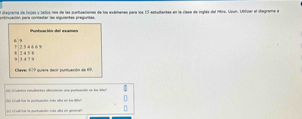 El diagrama de hojas y tallos nos da las puntuaciones de los exámenes para los 15 estudiantes en la clase de inglés del Mtro. Uzun. Utilizar el diagrama a 
ontinuación para contestar las siguientes preguntas, 
Puntuación del examen
6 | 9
7 | 2 3 4 6 6 9
8 2 4 5 8
9 3 4 7 9
Clave: 6|9 quiere decir puntuación de 69. 
(a) «Cuántos estudiantes obtuvieron una puntuación en los 60s? 
(b) ¿Cuál fue la puntuación más alta en los 80s? 
(c) ¿Cual fue la puntuación más alta en general?