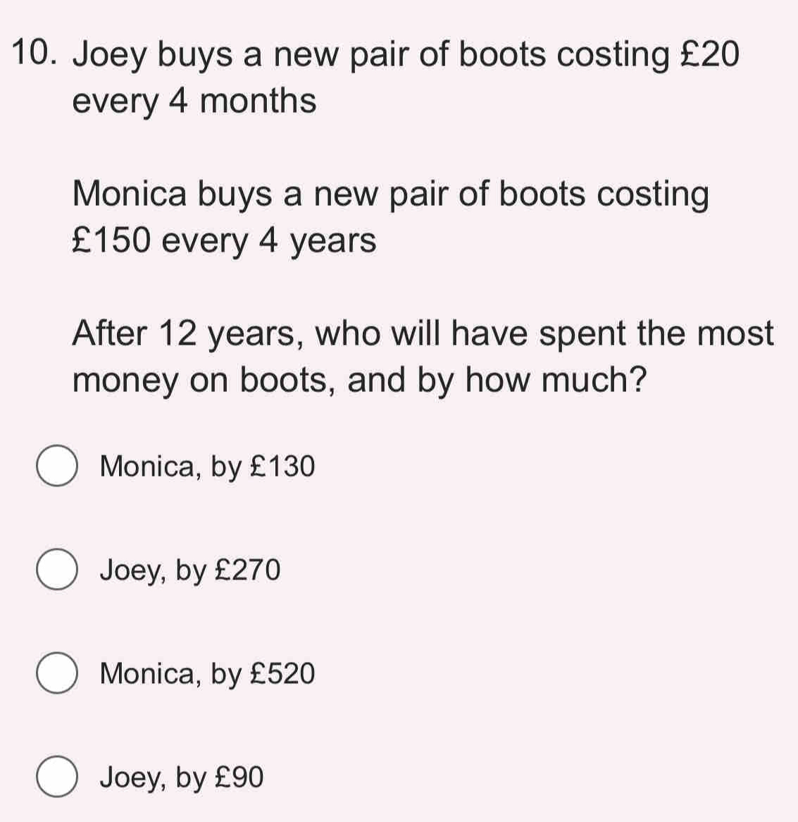 Joey buys a new pair of boots costing £20
every 4 months
Monica buys a new pair of boots costing
£150 every 4 years
After 12 years, who will have spent the most
money on boots, and by how much?
Monica, by £130
Joey, by £270
Monica, by £520
Joey, by £90