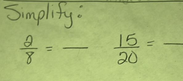 Simplify:
 2/8 =frac  15/20 =frac 