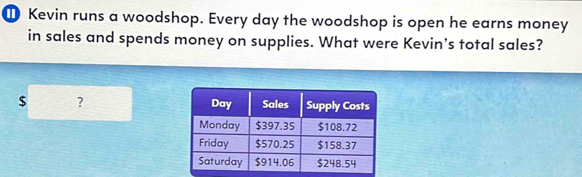 ① Kevin runs a woodshop. Every day the woodshop is open he earns money 
in sales and spends money on supplies. What were Kevin’s total sales?
$ ?