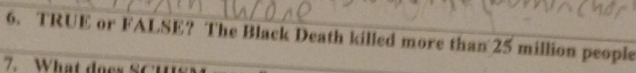 TRUE or FALSE? The Black Death killed more than 25 million people 
7. What doe