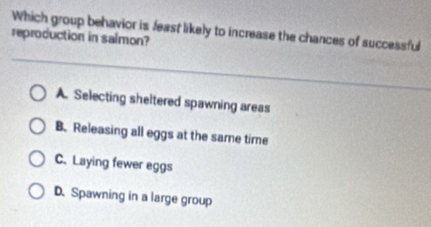 Which group behavior is feast likely to increase the chances of successful
reproduction in salmon?
A. Selecting sheltered spawning areas
B.Releasing all eggs at the same time
C.Laying fewer eggs
D. Spawning in a large group