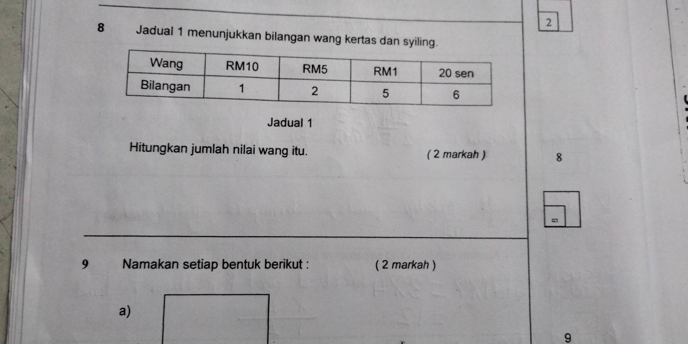 2 
8 Jadual 1 menunjukkan bilangan wang kertas dan syiling. 
Jadual 1 
Hitungkan jumlah nilai wang itu. 8 
( 2 markah ) 
- 
9 Namakan setiap bentuk berikut : ( 2 markah ) 
a) 
9