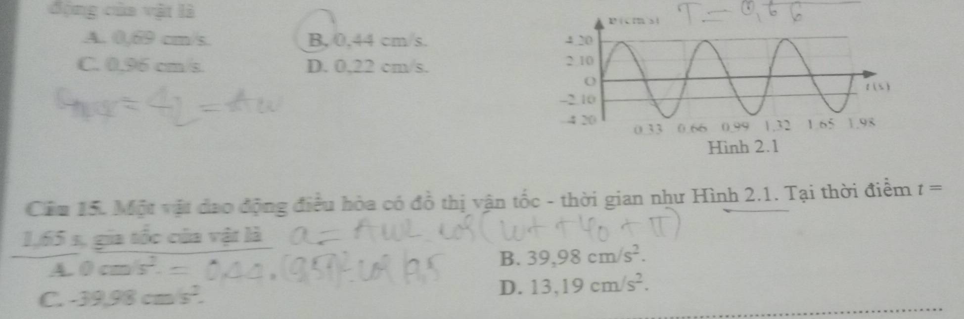 động của vật là
A. 0,69 cm/s. B, 0,44 cm/s.
C. 0,96 cm/s. D. 0,22 cm/s. 
Cầm 15. Một vật dạo động điều hòa có đồ thị vận tốc - thời gian như Hình 2.1. Tại thời điểm t=
1,65 s, gia tốc của vật là
4 0cm/s^2.=
B. 39,98cm/s^2.
C. -39.98cm/s^2. D. 13,19cm/s^2.