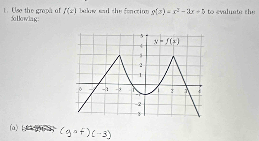 Use the graph of f(x) below and the function g(x)=x^2-3x+5 to evaluate the
following:
(a)