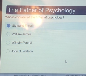 The Father of Psychology
Who is considered the fher of psycholagy?
Sigmund Freud
William James
Wilhelm Wundt
John B. Watson