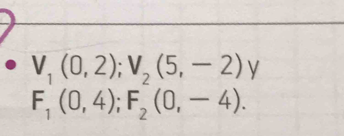 V_1(0,2); V_2(5,-2)y
F_1(0,4); F_2(0,-4).