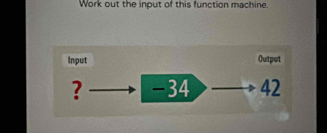 Work out the input of this function machine. 
Input Output 
? -34 42