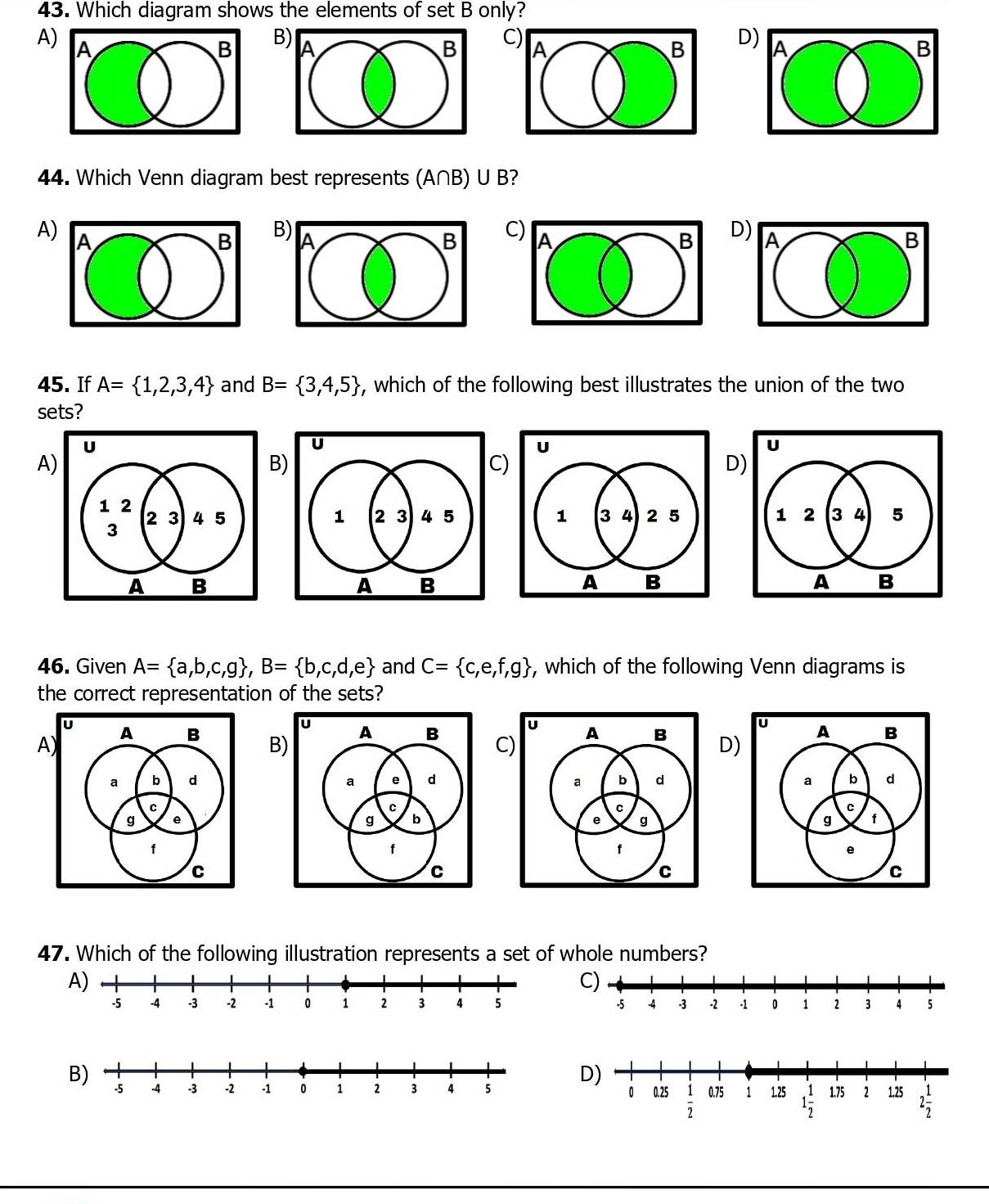 Which diagram shows the elements of set B only?
A)
B
D
C
44. Which Venn diagram best represents (A∩B) U B?
A)
C
D
B
45. If A= 1,2,3,4 and B= 3,4,5 , which of the following best illustrates the union of the two
sets?
A
B
)
D
   
46. Given A= a,b,c,g ,B= b,c,d,e and C= c,e,f,g , which of the following Venn diagrams is
the correct representation of the sets?
A
B
C
D)
   
47. Which of the following illustration represents a set of whole numbers?
A)
C)
 
D)
B)