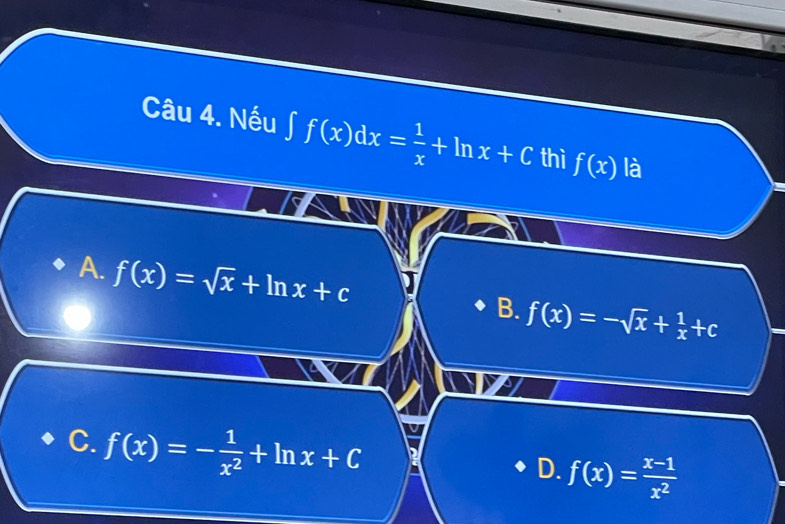 Nếu ∈t f(x)dx= 1/x +ln x+C thì f(x) là
A. f(x)=sqrt(x)+ln x+c
B. f(x)=-sqrt(x)+ 1/x +c
C. f(x)=- 1/x^2 +ln x+C
D. f(x)= (x-1)/x^2 