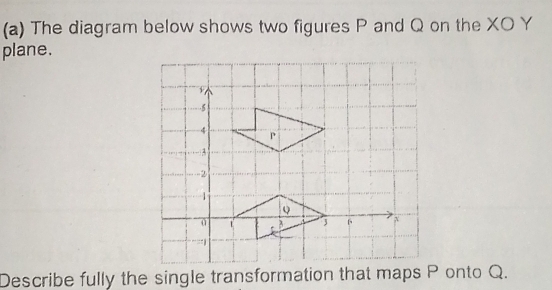 The diagram below shows two figures P and Q on the XO Y
plane. 
Describe fully the single transformation that maps P onto Q.