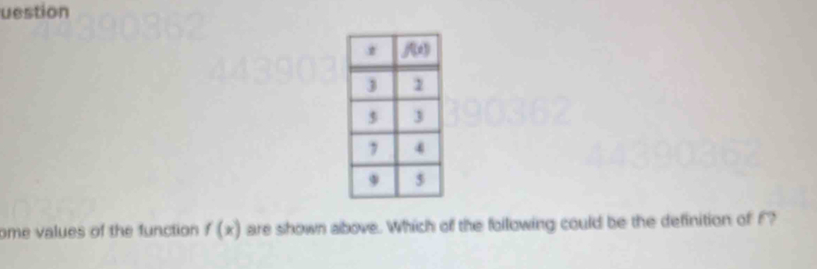 uestion
ome values of the function f(x) are shown above. Which of the following could be the definition of F?