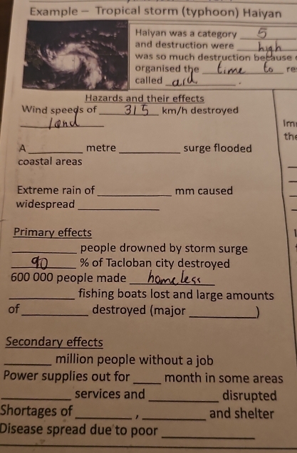 Example - Tropical storm (typhoon) Haiyan 
Haiyan was a category_ 
and destruction were 
_ 
was so much destruction bec ause . 
organised the _re 
called 
_. 
Hazards and their effects 
Wind speeds of_ km/h destroyed 
_ 
Im 
the 
A_ metre _surge flooded 
_ 
coastal areas 
_ 
Extreme rain of mm caused 
widespread_ 
Primary effects 
_people drowned by storm surge 
_ % of Tacloban city destroyed
600 000 people made_ 
_fishing boats lost and large amounts 
of_ destroyed (major _ 
Secondary effects 
_million people without a job 
Power supplies out for _month in some areas 
_services and _disrupted 
Shortages of_ 1 _and shelter 
Disease spread due to poor_