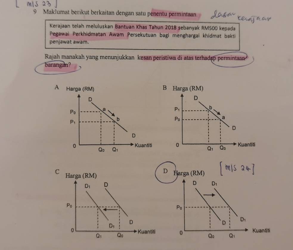 Maklumat berikut berkaitan dengan satu penentu permintaan.
Kerajaan telah meluluskan Bantuan Khas Tahun 2018 sebanyak RM500 kepada
Pegawai Perkhidmatan Awam Persekutuan bagi menghargai khidmat bakti
penjawat awam.
Rajah manakah yang menunjukkan kesan peristiwa di atas terhadap permintaan
barangan?
 
D Harga (RM)
