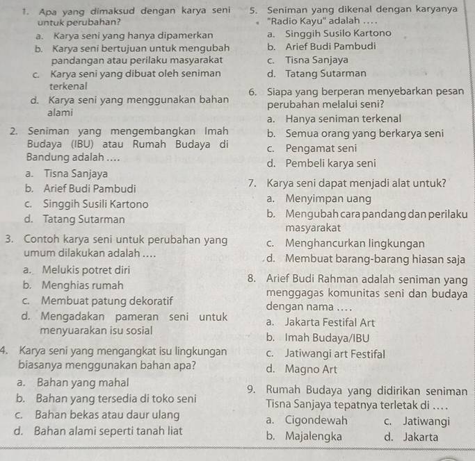 Apa yang dimaksud dengan karya seni 5. Seniman yang dikenal dengan karyanya
untuk perubahan? 'Radio Kayu' adalah .. .
a. Karya seni yang hanya dipamerkan a. Singgih Susilo Kartono
b. Karya seni bertujuan untuk mengubah b. Arief Budi Pambudi
pandangan atau perilaku masyarakat c. Tisna Sanjaya
c. Karya seni yang dibuat oleh seniman d. Tatang Sutarman
terkenal
6. Siapa yang berperan menyebarkan pesan
d. Karya seni yang menggunakan bahan perubahan melalui seni?
alami
a. Hanya seniman terkenal
2. Seniman yang mengembangkan Imah b. Semua orang yang berkarya seni
Budaya (IBU) atau Rumah Budaya di c. Pengamat seni
Bandung adalah .... d. Pembeli karya seni
a. Tisna Sanjaya
b. Arief Budi Pambudi 7. Karya seni dapat menjadi alat untuk?
c. Singgih Susili Kartono a. Menyimpan uang
d. Tatang Sutarman b. Mengubah cara pandang dan perilaku
masyarakat
3. Contoh karya seni untuk perubahan yang c. Menghancurkan lingkungan
umum dilakukan adalah .... d. Membuat barang-barang hiasan saja
a. Melukis potret diri 8. Arief Budi Rahman adalah seniman yang
b. Menghias rumah menggagas komunitas seni dan budaya
c. Membuat patung dekoratif dengan nama .. . .
d. Mengadakan pameran seni untuk a. Jakarta Festifal Art
menyuarakan isu sosial b. Imah Budaya/IBU
4. Karya seni yang mengangkat isu lingkungan c. Jatiwangi art Festifal
biasanya menggunakan bahan apa? d. Magno Art
a. Bahan yang mahal 9. Rumah Budaya yang didirikan seniman
b. Bahan yang tersedia di toko seni Tisna Sanjaya tepatnya terletak di . .
c. Bahan bekas atau daur ulang a. Cigondewah c. Jatiwangi
d. Bahan alami seperti tanah liat b. Majalengka d. Jakarta