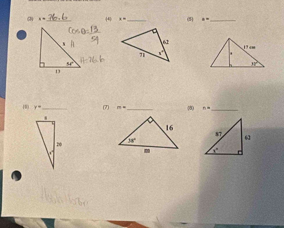 (5)
(3) x= _(4) x= _ a= _
(6) y= _(7) m= _ (8) n= _