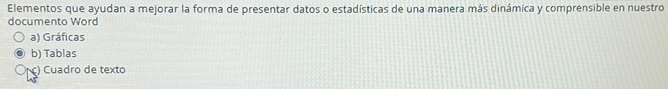 Elementos que ayudan a mejorar la forma de presentar datos o estadísticas de una manera más dinámica y comprensible en nuestro 
documento Word 
a) Gráficas 
b) Tablas 
c) Cuadro de texto