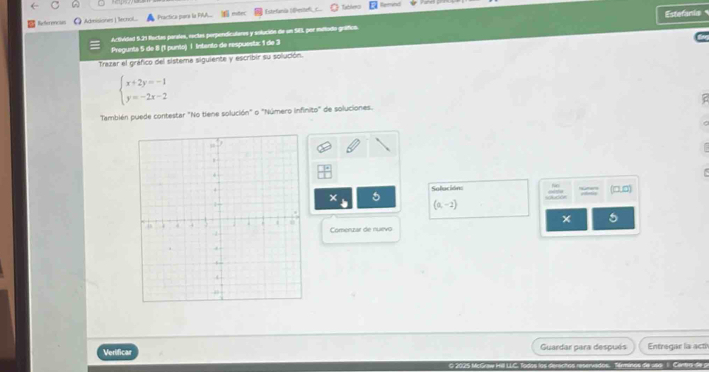 Referencias 《 Admisiones | Tecnol... Practica para la PAA.. thốec Estefanía 1esteñi Tablero
Remind
Estefania
Actividad 5.21 Rectas parales, rectas perpendiculares y solución de un SEL por méllodo gráfico.
Pregunta 5 de 8 (1 punto) | Intento de respuesta: 1 de 3
Trazar el gráfico del sistema siguiente y escribir su solución.
beginarrayl x+2y=-1 y=-2x-2endarray.
Tamblén puede contestar "No tiene solución" o "Número infinito" de soluciones.
 □ 0/□ □  
Solución: (□,0)
(0,-2)
5
Comenzar de nuevo
Verificar Guardar para después Entregar la acth
O 2025 McGraw Hill LLC. Todos los derechos reservados. Términos de uso 1 Cantr de 9