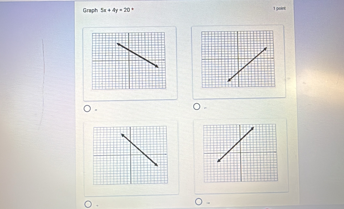 Graph 5x+4y=20 * 
1 point 
" 
.,