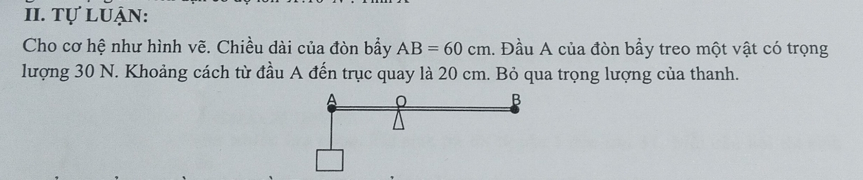 Tự luận: 
Cho cơ hệ như hình vẽ. Chiều dài của đòn bẩy AB=60cm. Đầu A của đòn bầy treo một vật có trọng 
lượng 30 N. Khoảng cách từ đầu A đến trục quay là 20 cm. Bỏ qua trọng lượng của thanh.