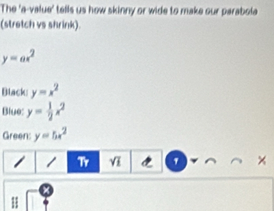 Solved: The 'a-value' tells us how skinny or wide to make our parabola ...