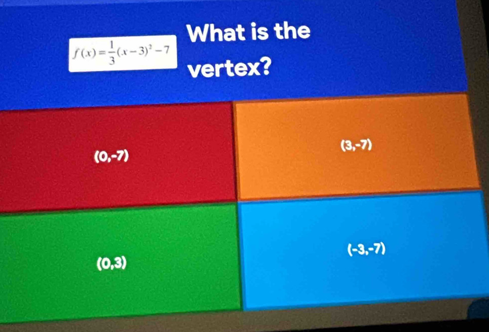 What is the
f(x)= 1/3 (x-3)^2-7
vertex?