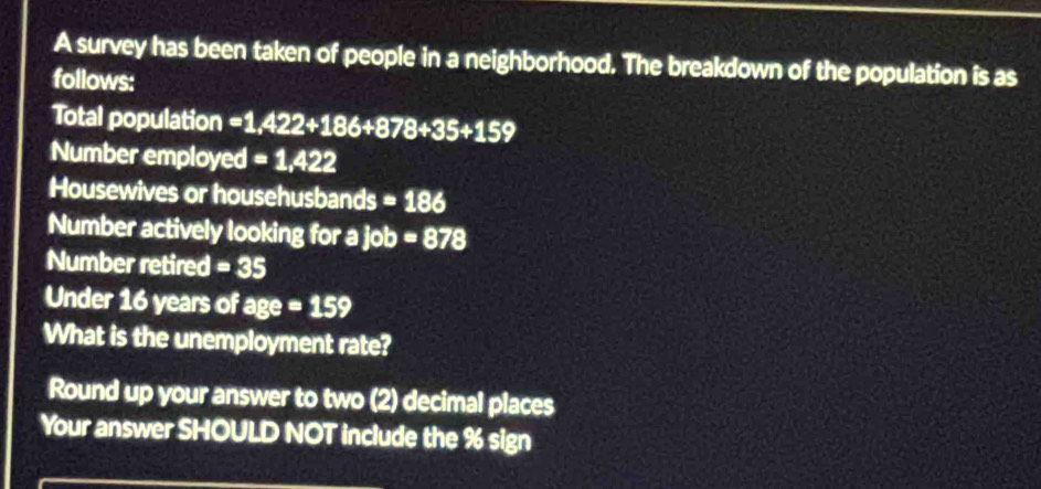 A survey has been taken of people in a neighborhood. The breakdown of the population is as 
follows: 
Total population =1,422+186+878+35+15 9 
Number employed =1,422
Housewives or househusbands =186
Number actively looking for a job=878
Number retired =35
Under 16 years of age=159
What is the unemployment rate? 
Round up your answer to two (2) decimal places 
Your answer SHOULD NOT include the % sign