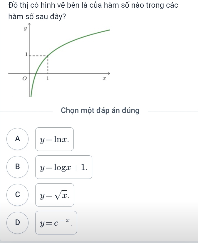 Đồ thị có hình vẽ bên là của hàm số nào trong các
hàm số sau đây?
Chọn một đáp án đúng
A y=ln x.
B y=log x+1.
C y=sqrt(x).
D y=e^(-x).