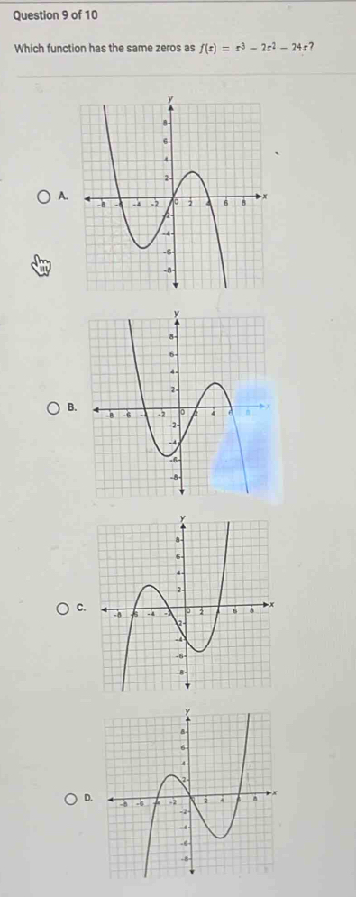 Which function has the same zeros as f(x)=x^3-2x^2-24x
A. 
B. 
C. 
D.