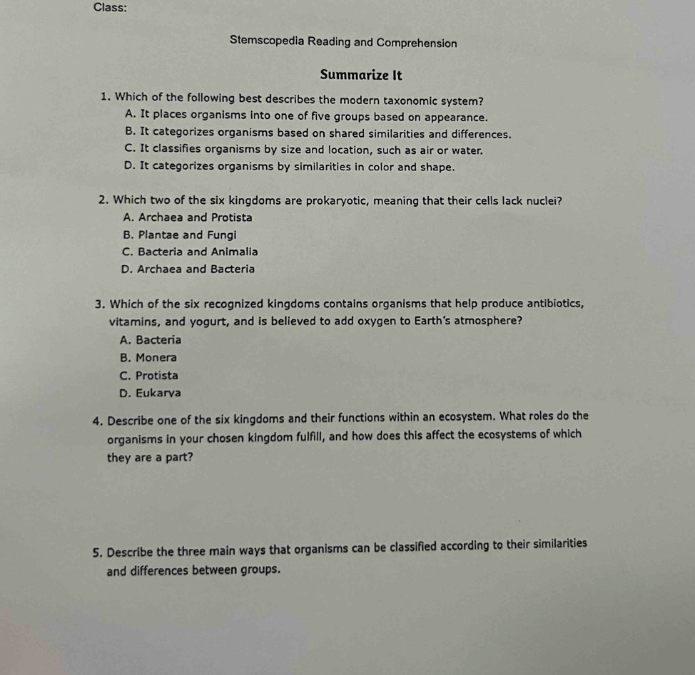 Solved: Class: Stemscopedia Reading and Comprehension Summarize It 1. Which  of the following best [Biology]