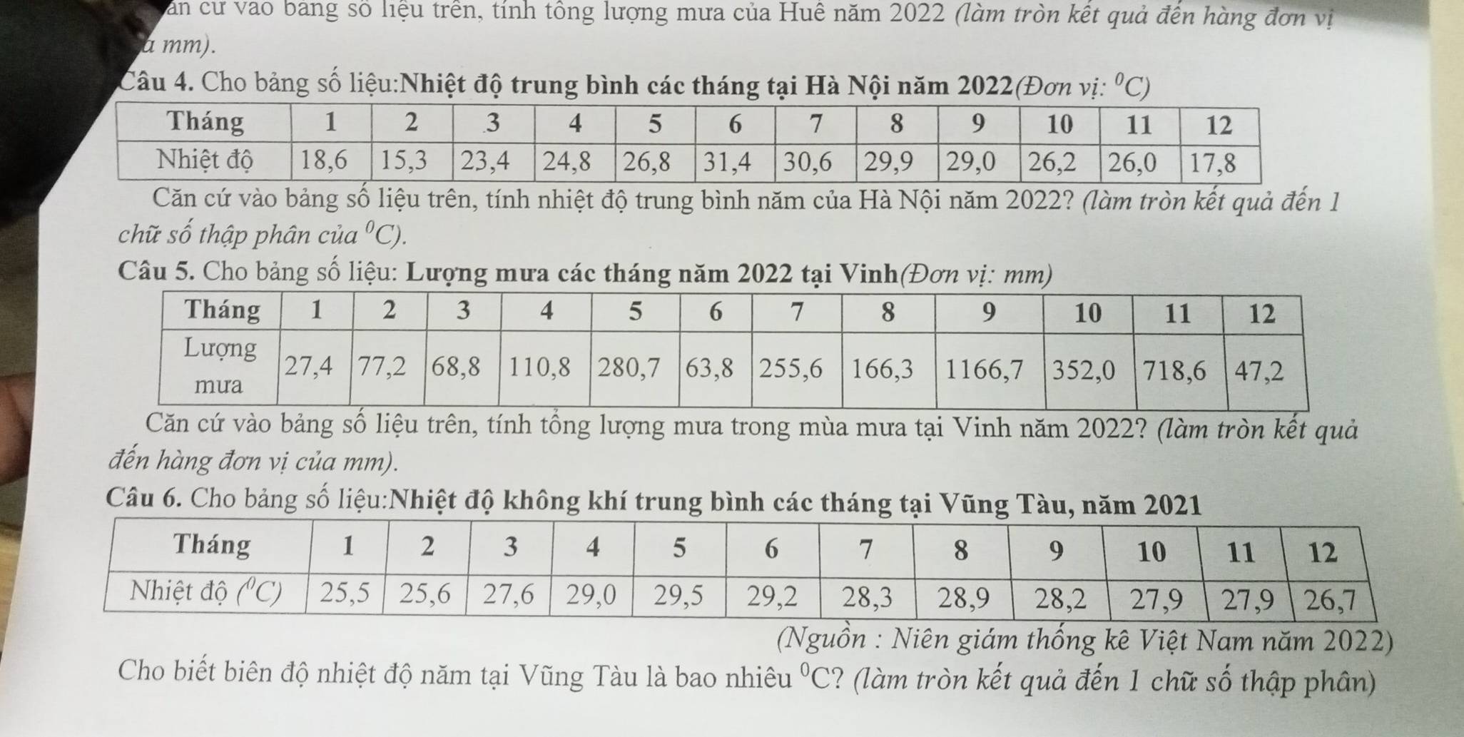 Săn cư vao bảng số liệu trên, tính tông lượng mưa của Huê năm 2022 (làm tròn kết quả đến hàng đơn vị
a mm).
Câu 4. Cho bảng số liệu:Nhiệt độ trung bình các tháng tại Hà Nội năm 2022(Đơn vị: ^circ C)
Căn cứ vào bảng số liệu trên, tính nhiệt độ trung bình năm của Hà Nội năm 2022? (làm tròn kết quả đến 1
chữ số thập phân của°C)
Câu 5. Cho bảng số liệu: Lượng mưa các tháng năm 2022 tại Vinh(Đơn vị: mm)
Căn cứ vào bảng số liệu trên, tính tổng lượng mưa trong mùa mưa tại Vinh năm 2022? (làm tròn kết quả
đến hàng đơn vị của mm).
Câu 6. Cho bảng số liệu:Nhiệt độ không khí trung bình các tháng tại Vũng Tàu, năm 2021
(Nguồn : Niên giám thống kê Việt Nam năm 2022)
Cho biết biên độ nhiệt độ năm tại Vũng Tàu là bao nhiêu°C ? (làm tròn kết quả đến 1 chữ số thập phân)