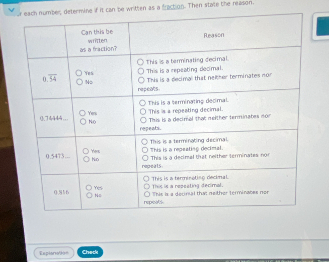 determine if it can be written as a fraction. Then state the reason.
Explanation Check