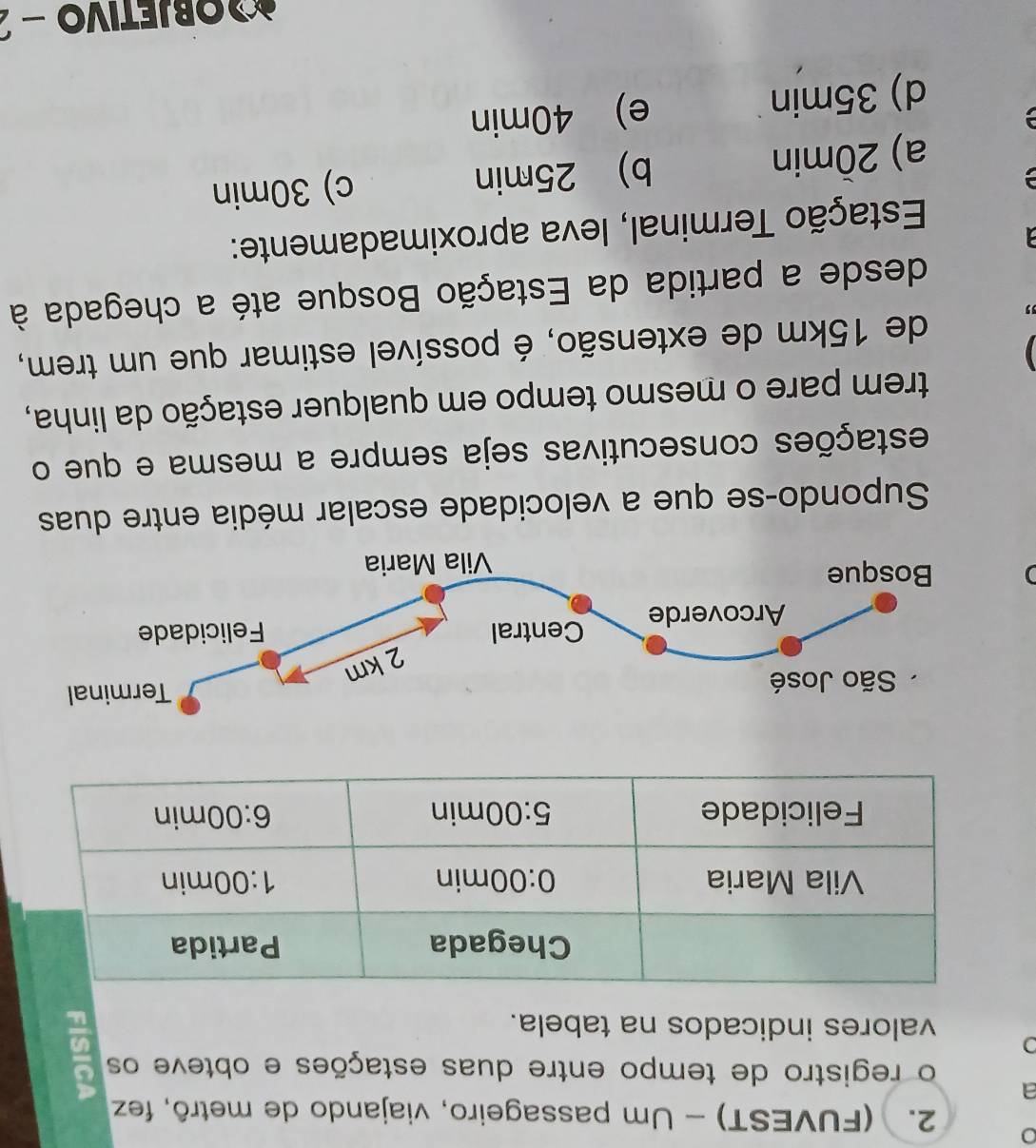 (FUVEST) - Um passageiro, viajando de metrô, fez
a
o registro de tempo entre duas estações e obteve os a
I valores indicados na tabela.
Supondo-se que a velocidade escalar média entre duas
estações consecutivas seja sempre a mesma e que o
trem pare o mesmo tempo em qualquer estação da linha,
de 15km de extensão, é possível estimar que um trem,
desde a partida da Estação Bosque até a chegada à
Estação Terminal, leva aproximadamente:
a) 2ồmin b) 25min c) 30min
d) 35min e) 40min
OBJETIVO - 2