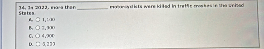 In 2022, more than_ motorcyclists were killed in traffic crashes in the United
States.
A. 1,100
B. ○ 2,900
C. 4,900
D. 6,200