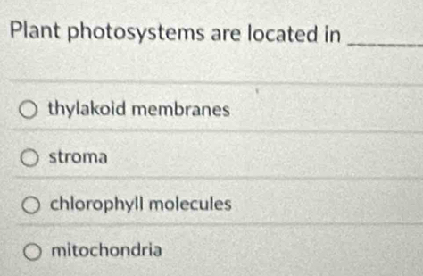 Plant photosystems are located in_
thylakoid membranes
stroma
chlorophyll molecules
mitochondria