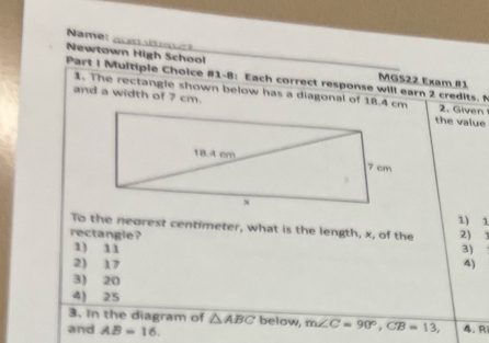 Solved: Name: ea Newtown High School MG522 Exam #1 Part I Multiple ...