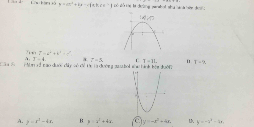 ax+ax+6
Câu 4: Cho hàm số y=ax^2+bx+c(a;b;c∈^(sim)) có đồ thị là đường parabol như hình bên dưới:
Tính T=a^2+b^2+c^2.
A. T=4. B. T=5. C. T=11. D. T=9. 
Câu 5: Hàm số nào dưới đây có đồ thị là đường parabol như hình bên dưới?
A. y=x^2-4x. B. y=x^2+4x. C. y=-x^2+4x. D. y=-x^2-4x.