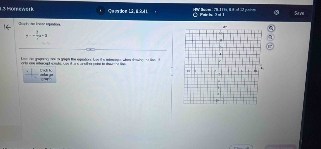 .3 Homework Question 12, 6.3.41 HW Score: 79.17%, 9.5 of 12 points 
Points: 0 of 1 Save 
Graph the linear equation.
y=- 3/2 x+3
Use the graphing tool to graph the equation. Use the intercepts when drawing the line. If 
only one intercept exists, use it and another point to draw the line. 
Click to 
enlarge 
graph